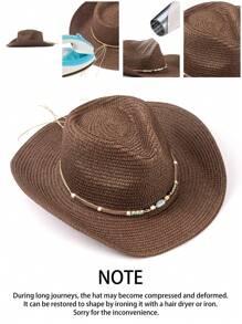 1 件纯色波西米亚休闲草编宝石牛仔帽，海滩度假防晒草帽，男女通用，适合通勤，四季皆宜