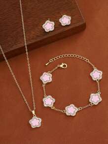 3pcs/Set Style Five-Leaf Flower Earrings Necklace Bracelet Jewelry Set - Fashion Lucky Flower Jewelry Set Suitable For Daily Wear Christmas New Year Valentine's Day Holiday Gift