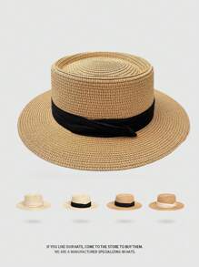 French Flat-Brimmed UV-Blocking Sunhat For Women, Foldable Design With Ribbon, Casual & Fashionable Straw Hat For Beach, Resort, Summer, Spring
