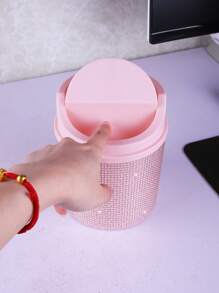 1pc Rhinestone Decorated Trash Can, Swivel Cover Desk Organizer Suitable For Makeup Vanity, Bedroom, Office