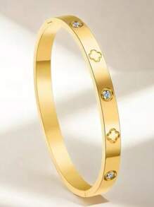 1-Piece Titanium Steel Bracelet, Mirror Polished, Vacuum Coated, Anti-Fading, Featuring A Four-Leaf Clover And Rhinestone, Fashionable Classic Design, Ideal For Daily Wear