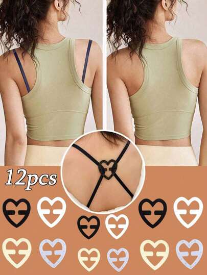 12pcs Set Of Heart Shaped Bra Strap Clips, Invisible Non-Slip Bra Buckles Body Care, Invisible Bra Strap Holders, Invisible Non-Slip Stitching To Protect Body When Traveling, Sports, External And Waistband Summer Cooling,Beach,Travel