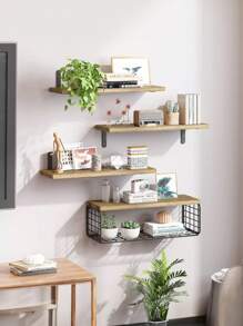 Floating Wall Shelf 4 Tier Shelf For Bathroom Kitchen Bedroom Light Color - Brown - View 6