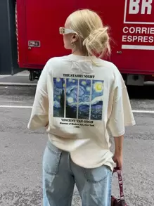女士个性化字母印花圆领T恤，时尚百搭，短袖，饰有梵高星空印花图案，粉色、白色、黑色可选。 - 杏色 - 查看 3