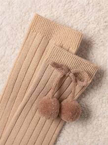 3 pares/lote Calcetines altos de estilo británico para niñas pequeñas con pompones de cereza, calcetines de tubo estilo princesa para niños de 0 a 3 años - Multicolor - Ver 5