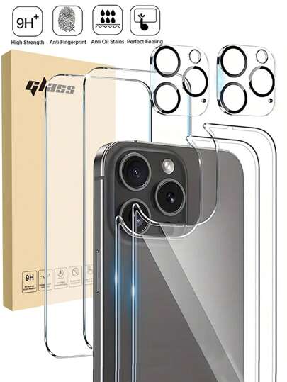 6合1套装，高清钢化玻璃屏幕保护膜，适用于 11/12/13/14/15/16/Plus/Pro/Pro Max系列，包含2片手机后盖钢化玻璃保护膜和2片摄像头镜头保护膜【安装简便】【9H硬度】