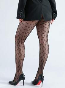 1pc Women Curve Tights With Floral Pattern, Sexy Pantyhose, Lightweight Mesh Fishnet Stockings, All-Match Black Hosiery, Versatile For Spring & Summer