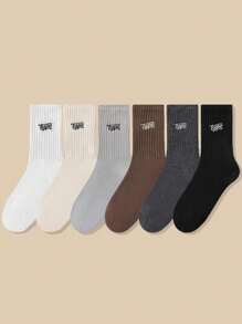 1/3/5/6 Pairs Men Autumn/Winter Maillard Color Letter Striped Versatile Crew Socks - Multicolor - View 3