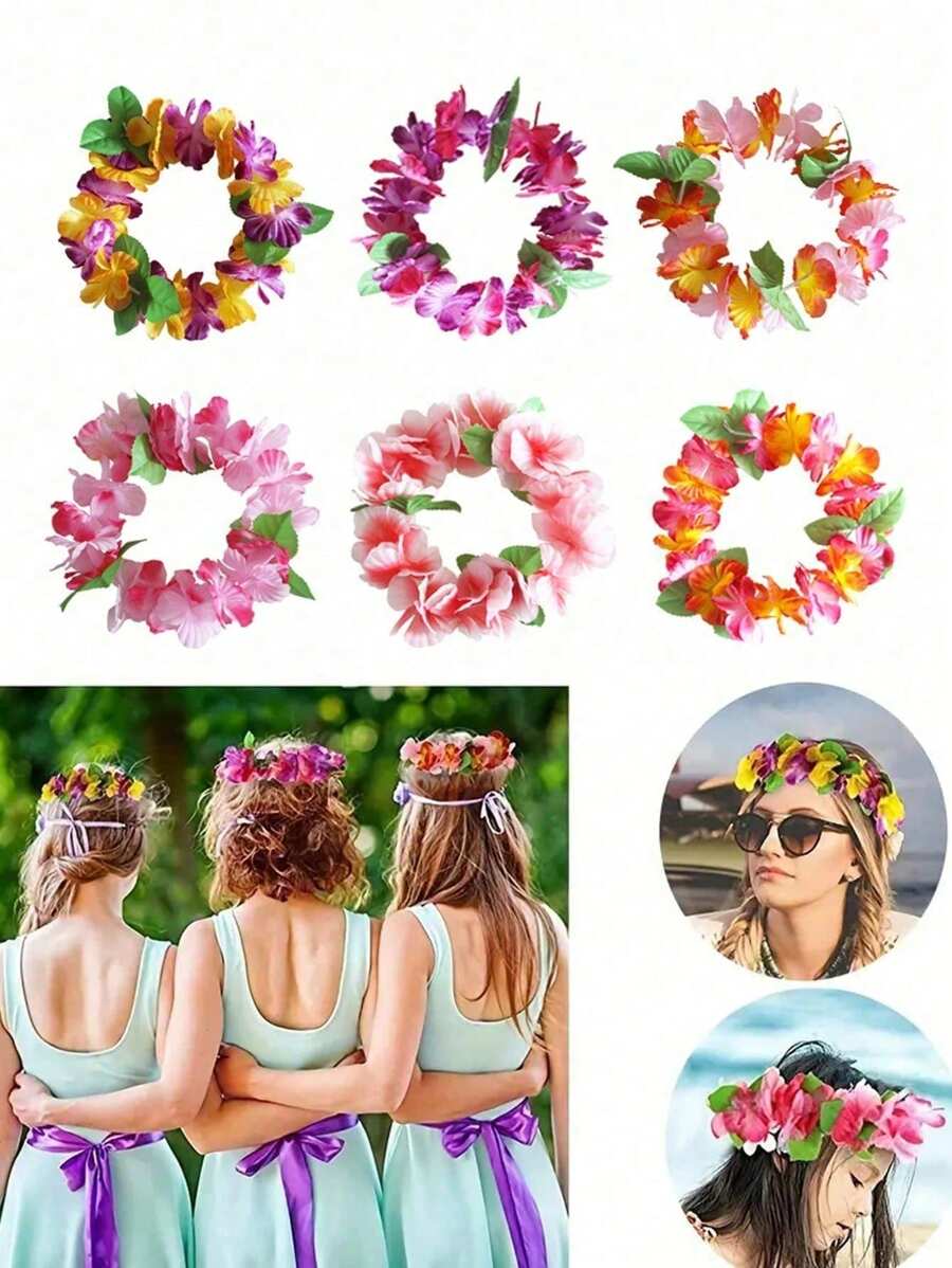 1-18 piezas Coronas florales hawaianas, diadema tropical de flores de Luau, tocado de leis, corona floral talla grande gruesa para decoración de fiestas de verano en la playa o piscina, decoración, suministros y favores, fiesta con temática de Hawái