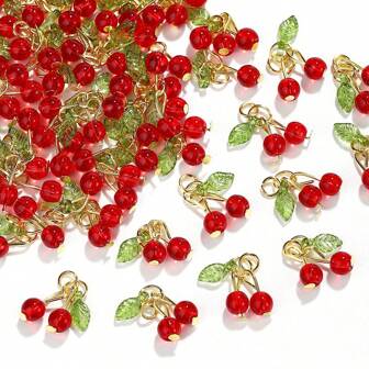 18 Pcs Glass & Acrylic Beaded Charms With Stainless Steel Jump Rings Fruit Cherry Charms For Jewelry Making
