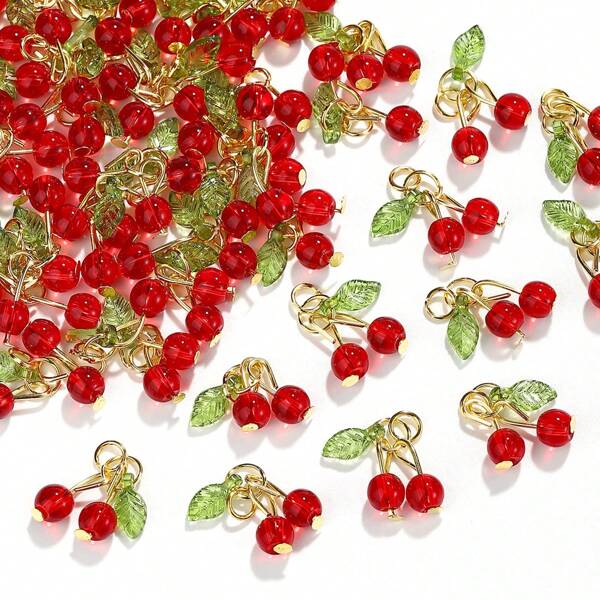 18 pièces de breloques en verre et acrylique perlées avec des anneaux ouverts en acier inoxydable. Breloques de fruits cerise pour la création de bijoux