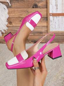French Style Two-Tone Backstrap Square Toe Sandals, Woman Summer New Mid-Heel Shoes - Pink - View 2