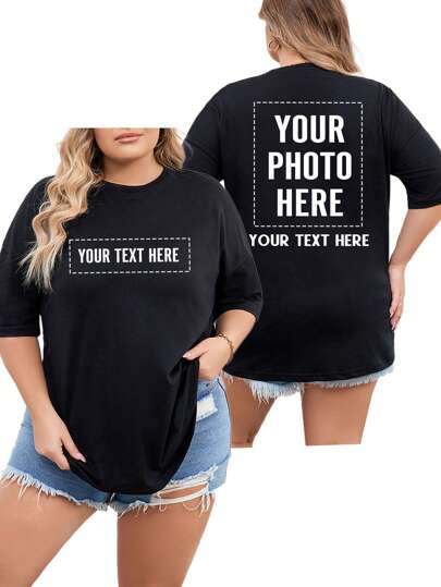 Customized Text/Photo Women Plus Size T-Shirt, Personalize With Your Text/Photo, Birthday/Valentine's Day/Anniversary/Christmas Customization, Upload Your Photo/Friend/Family/Landscape, Black Top, Women Plus Size Short Sleeve T-Shirt, Holiday Gift, Spring/Summer Apparel, Christmas, Women's Tops, Best Friend Gift, Anniversary Gift, Party Gift, Basketball Uniform, Spring/Summer