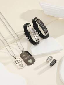 ATLVXJL 6 Stücke/Set nachleuchtende Herzen, "Ich liebe dich", "Ihre Schönheit und sein Biest" Buchstaben Edelstahl Paar Halskette Armband Ringe Set, Liebe Schmuckset für Valentinstag, Alltag