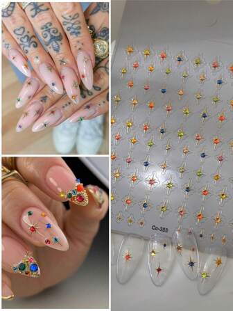 CoCo Notes 1pc 5D Embossed Gold & Silver Four-Pointed Star Cross Colorful Jelly Nail Art Sticker, DIY Nail Decor