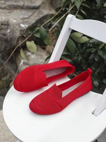 Women's Knitted Flat Mesh Sneakers, Round Toe Casual Slip-On Shoes For Daily Walking, Comfortable Mother Shoes
