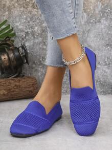 Women's Knit Flat Square Toe Loafer Shoes, Comfortable Breathable Casual Mom Shoes For Spring & Autumn