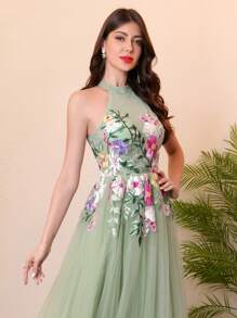 绿色名人礼服贴花派对礼服露背A字型精致及地舞会晚礼服，情人节 - 橄欖綠 - 查看 4