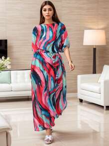 1 套时尚印花仿丝泳衣罩衫和头巾，适合海滩、度假、长袍、头巾、朴素长袍