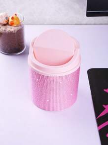 1pc Rhinestone Decorated Trash Can, Swivel Cover Desk Organizer Suitable For Makeup Vanity, Bedroom, Office