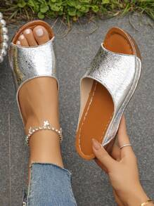 Plus Size 36-45 Fashion Casual Open Toe Silver Platform Sandals, Comfortable, Versatile, Daily, Outdoor, Holiday, Beach, Roman Sandals For Women - Silver - View 2