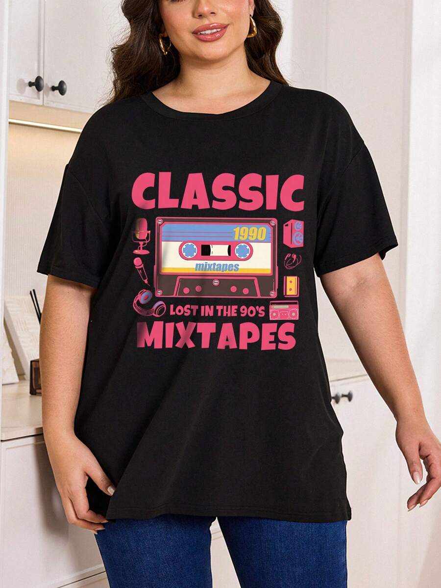 Plus Size Crew Neck Short T-Shirt Simple Letters Music Festival Radio CLASSIC MITXTAPES Casual Everything Perfect For Sports Everyday Wear Perfect For Spring And Summer