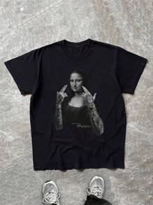 Men Plus Size INS Style Mona Lisa & Letter Figure Print Crew Neck Short Sleeve Casual Loose T-Shirt, Summer, Emo - Black - View 1