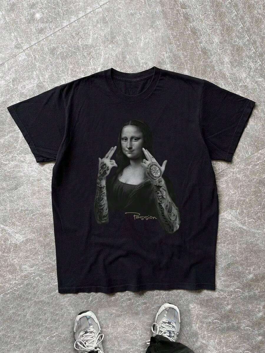 Men Plus Size INS Style Mona Lisa & Letter Figure Print Crew Neck Short Sleeve Casual Loose T-Shirt, Summer, Emo - Black - View 1