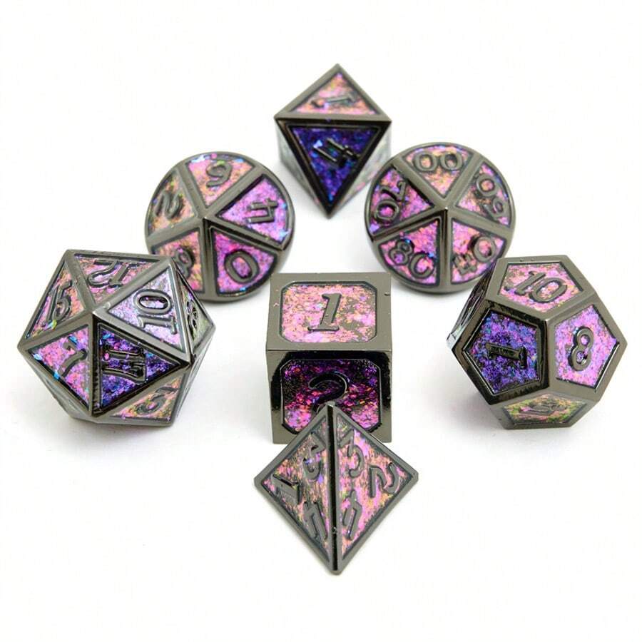 مجموعة نرد لماعة معدنية، مصنوعة يدويًا من مواد متعددة السطوح D4 D6 D8 D10  D20، مجموعة من 7 قطع مناسبة للألعاب الدورية - متعدد الألوان - مشاهدة 1