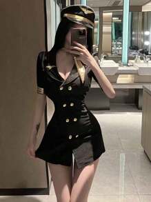 1 件性感女警官连衣裙角色扮演服装，适合派对、空姐、秘书、讲师角色 - 黑色 - 查看 4