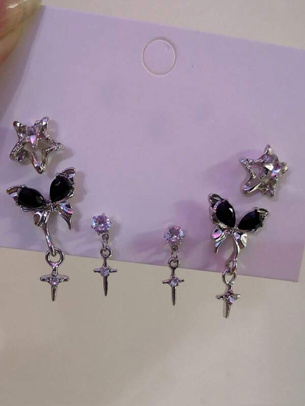 6 Paar vintage süße kühle schwarze Schmetterling Kristall Stern Ohrringe Set, Party-Geschenk für Frauen