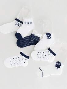 5 pares de calcetines con patrones aleatorios para niñas/niños/bebés, de bicolor, unicolor, encaje, volantes, orejas 3D, moño de dibujos animados, floral, lunares, aptos para primavera/verano, combinación diaria, casual lindo, moda sencilla, vuelta al colegio