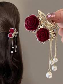 1pc Women's Elegant Red Rose Tassel Crystal Hair Claw Clip, Ideal Gift Hair Clips Hair Jaw Clip Hair Clamps Hair Clutch Hair Catcher Clip