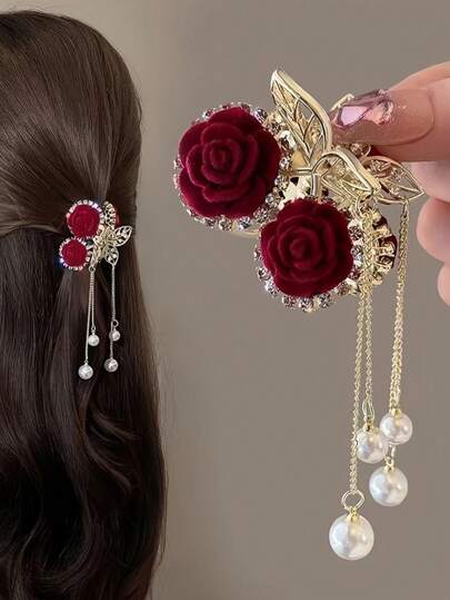 1pc Women's Elegant Red Rose Tassel Crystal Hair Claw Clip, Ideal Gift Hair Clips Hair Jaw Clip Hair Clamps Hair Clutch Hair Catcher Clip Fall Winter Hair Accessories For Women For Vacation Outfits Woman