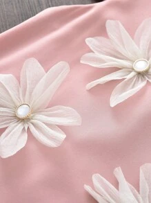 年轻女孩时尚 3D 花朵装饰圆领无袖连衣裙，夏季 - 粉色 - 查看 7
