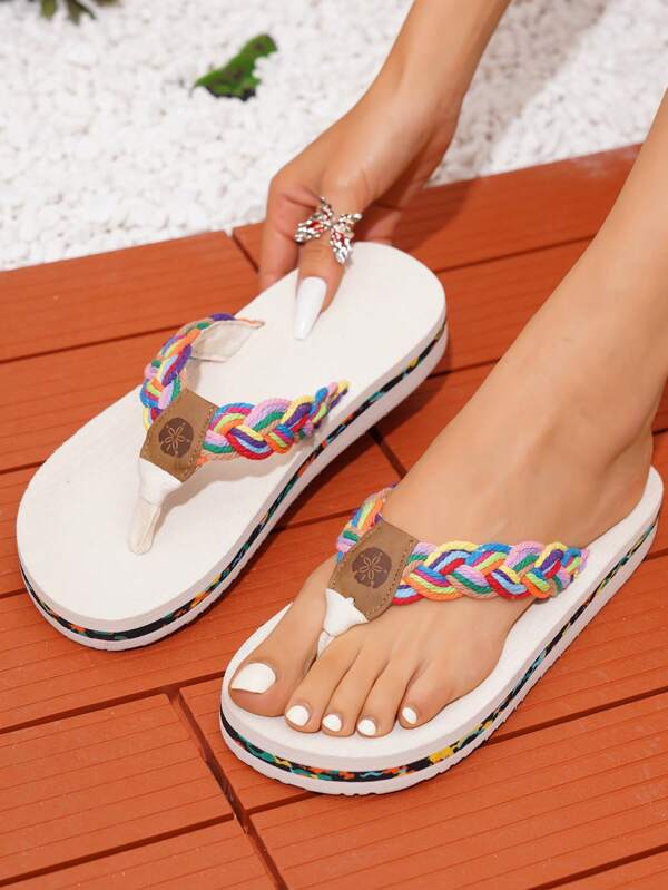 New Fashion Women Slippers Colorful Woven Strap Ladies Shoes Lightweight Flip Flops, Casual Outdoor Holiday Ladies Sandals Random Color Woven Strap