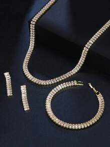 3 stuks/set CZ ingelegde rechthoekige ketting, armband en oorbellen sieradenset, geschikt voor bruiloften en feesten voor vrouwen