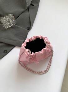 1pc Solid Color Bow Decor PU Leather Women's Shoulder Bag, Fashionable Open-Top Handbag With Chain And Ruched Design, Suitable For Women, Girls, Students, Travel, Party, Daily Use - Pink - View 10