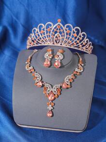 4 件优雅奢华水钻女王水晶皇冠项链耳环发饰套装，新娘婚礼头饰，女士公主舞会派对头饰