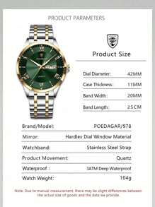 1 pieza Reloj de pulsera de cuarzo de acero inoxidable dorado con estilo de negocios para hombres, con calendario de semana y doble pantalla, resistente al agua 30M, función de manecillas luminosas, reloj casual para hombres con estuche, juego de regalo para hombres