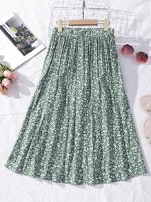 青少年女孩波西米亚风格碎花弹性腰裙，百搭 - 綠色 - 查看 2