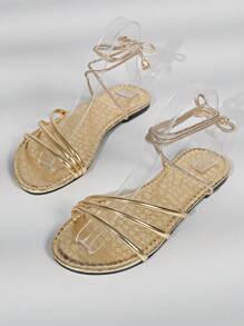 Sandalias planas de verano para mujer con talla grande, de estilo romano con cordones y aplicaciones de strass