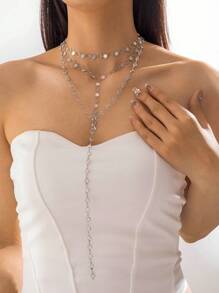 3pcs Set Minimalist Heart Tassel Alloy Circle Chain Necklace With Glass Crystal Pendants, Elegant Party & Wedding Jewelry Gift (Handmade Chain Customized Length, Quantity Of Circles Varies) - Multicolor - View 9