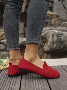 Women's Knitted Flat Mesh Sneakers, Round Toe Casual Slip-On Shoes For Daily Walking, Comfortable Mother Shoes