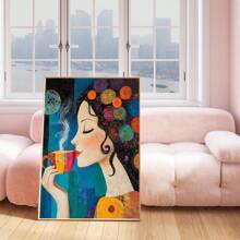 1 pieza, Pintura colgante de lienzo, Pintura decorativa enmarcada, Póster, Arte de pared, Pintura de lienzo abstracta de una chica del café, Estilo de arte decorativo moderno, Listo para colgar en la sala de estar, dormitorio, oficina en casa, decoración de aula
