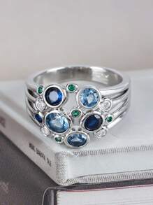1 anel vintage elegante estilo boêmio com dupla camada redonda de zircônia incrustada, adequado para mulheres, casamento, noivado, aniversário, uso diário
