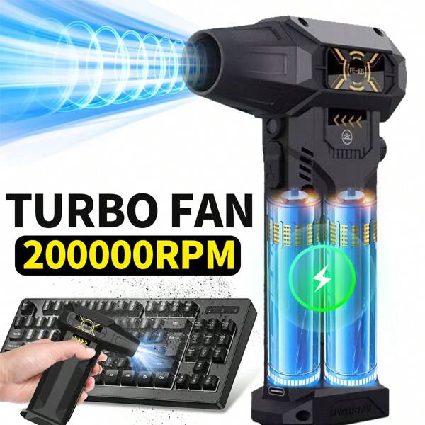 Ventilateur turbo portable ultra-puissant de 200 000 tr/min, batterie 4000 mAh*2, moteur sans balais de 200 W, vitesse variable Type-C, pression de vent de 220 g, commande tactile, éclairage LED, outils d'extérieur, dépoussiérage pour poussière, neige, clavier d'ordinateur, brosse pour voiture, nettoyage intérieur, dépoussièrage industriel