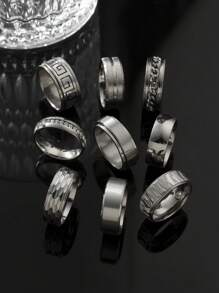 9 Pieces Fashion Patchwork Embossed Men's Ring Set Suitable For Daily Matching Use Holiday Dating Gift Jewelry Casual Jewellery