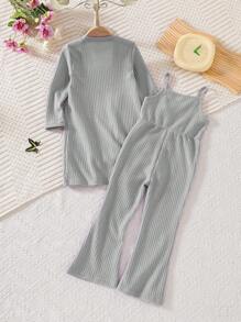 2pcs/Set Girls' Casual Fashion Resort Style Spaghetti Strap Jumpsuit + Paired Loose Solid Color Long Sleeve Jacket, Suitable For Spring/Autumn Resort Vacation Wear