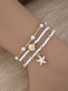 Conjunto de 3 piezas de tobillera con cuentas de perlas falsas, con dijes de estrella de mar y concha dorada, adecuado para uso diario y de vacaciones